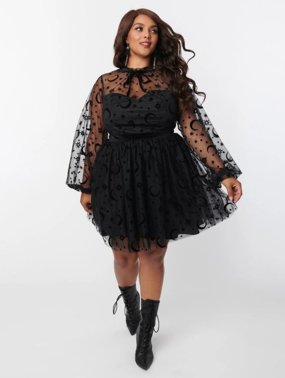 Unique Vintage Black Sheer Celestial Long-Sleeve Mini Dress